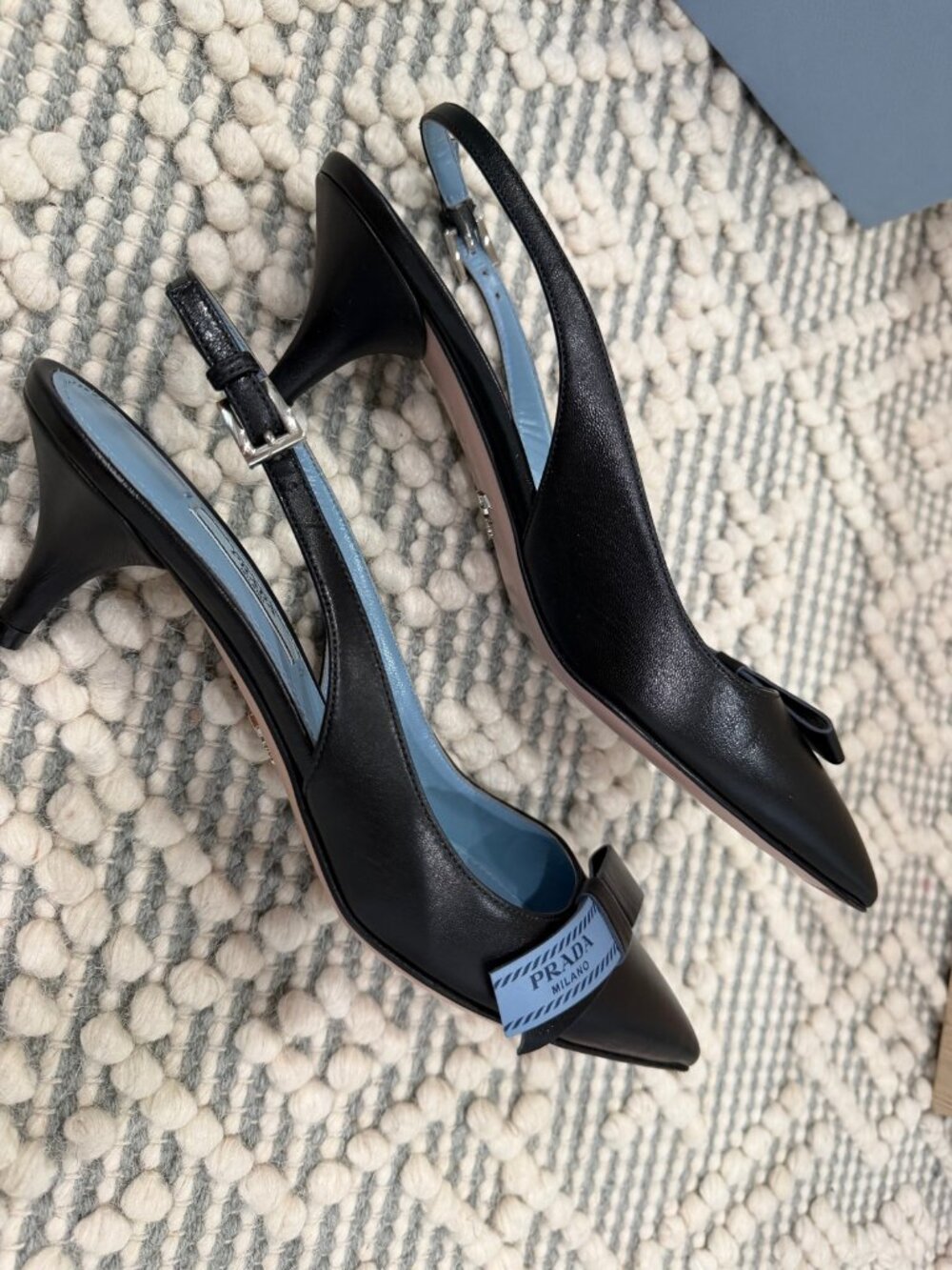 Prada Black Leather Bow Slingback Pumps Pointed Toe 37 US 7